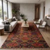 7' 0" x 12' 0" Afghan Kilim wool rug anchoring a spacious modern living room with a low wood coffee table, cream sofa, and modern armchairs.