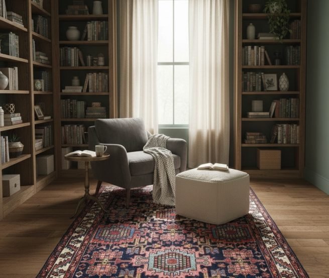 A 4' 7" x 6' 6" Persian Hamedan rug styled in a rustic kitchen or entryway, showing its scale and warmth against hardwood flooring.