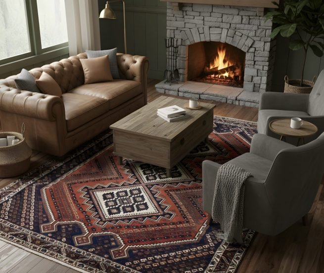 A 4' 7" x 6' 11" Persian Afshari rug styled in a modern entryway or library, showing its scale and warmth against hardwood flooring.