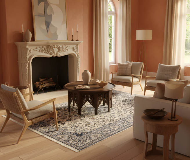 A 5x8 Persian Nain wool and silk rug styled in a formal sitting room under a glass coffee table, showing its shimmering silk details and elegant scale.