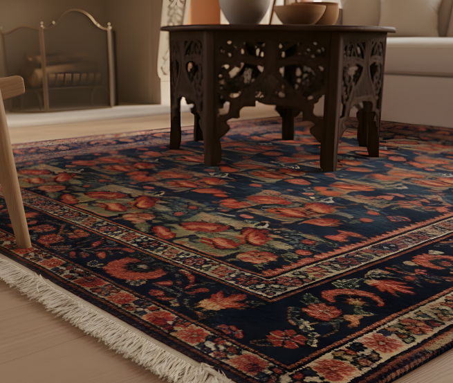 Macro view of an Afshar Persian rug corner showing the geometric "running dog" border, thick wool pile, and authentic hand-finished fringe.
