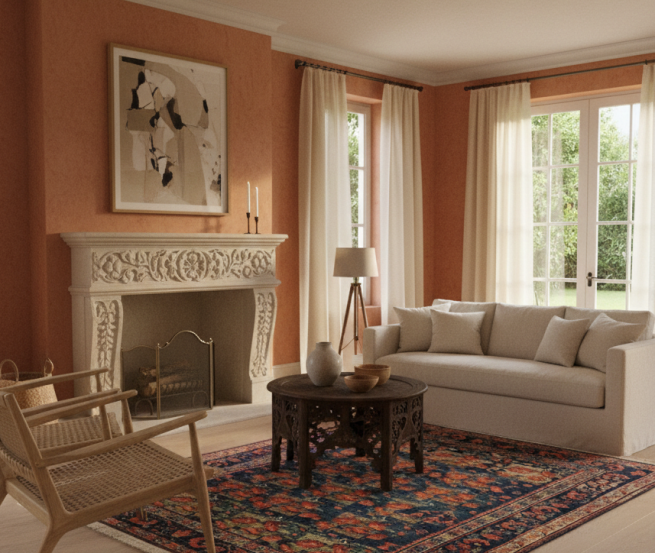 A 4' 9" x 6' 6" Persian Afshar rug styled in a rustic modern living room, showing its actual scale and warmth against hardwood flooring.