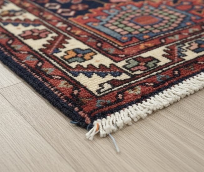 Macro view of a Persian Hamedan rug corner showing the geometric guard borders, single-weft construction, and sturdy hand-finished fringe.
