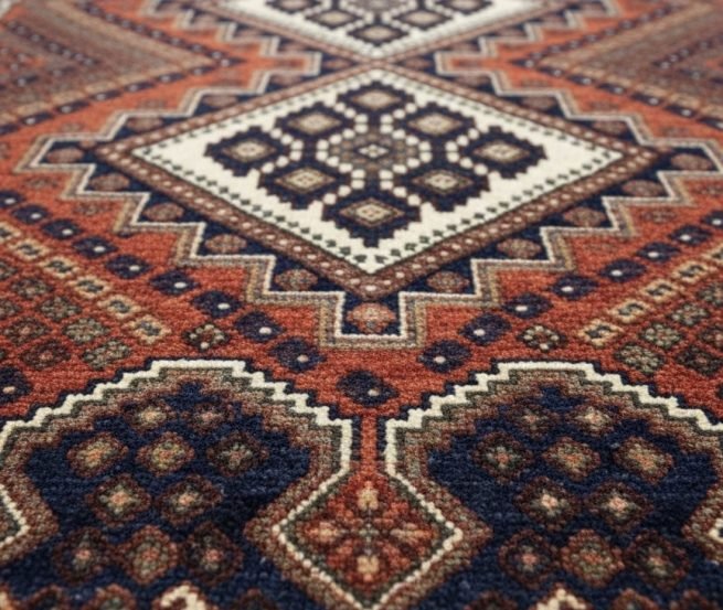 Detailed close-up of the geometric medallions on an Afshari Persian rug, showcasing the dense wool pile and intricate tribal zoomorphic symbols.