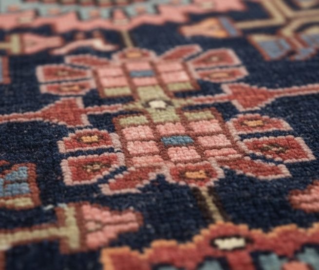 Detailed close-up of the central diamond medallion on a Hamedan Persian rug, showcasing the dense wool texture and floral-geometric symbols.