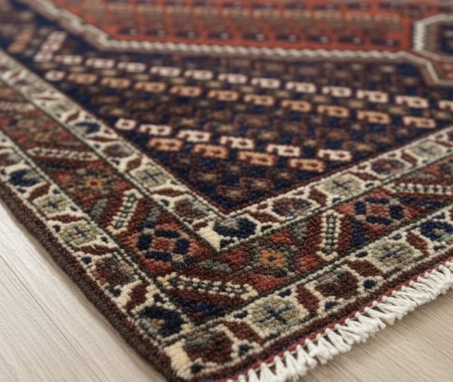 Macro view of a Persian Afshari rug corner showing the geometric guard borders, thick wool pile, and authentic hand-finished fringe.